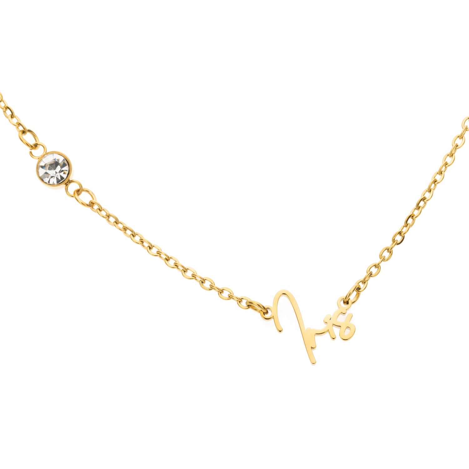 A gold-colored necklace featuring a scripted name or text on a chain with a decorative stone.
