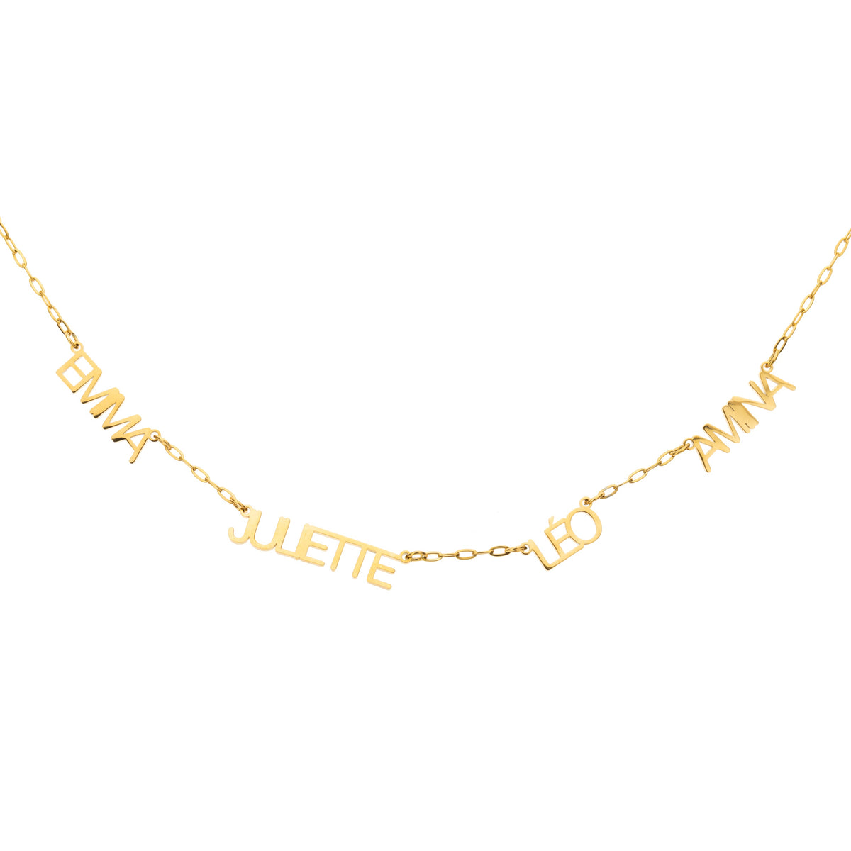 A gold-colored personalized necklace with multiple names engraved in bold uppercase letters on a chain.
