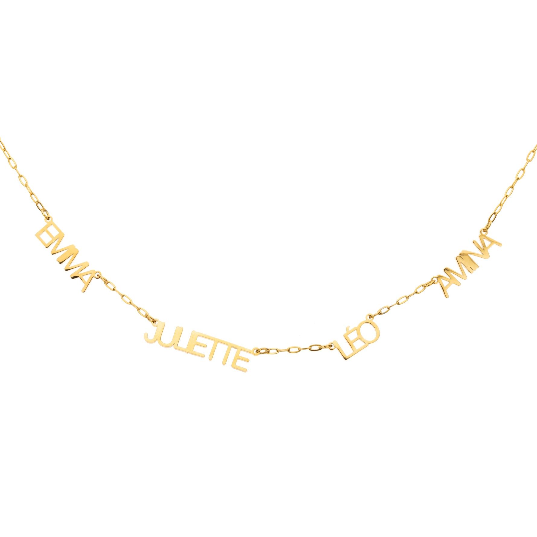 A gold-colored personalized necklace with multiple names engraved in bold uppercase letters on a chain.