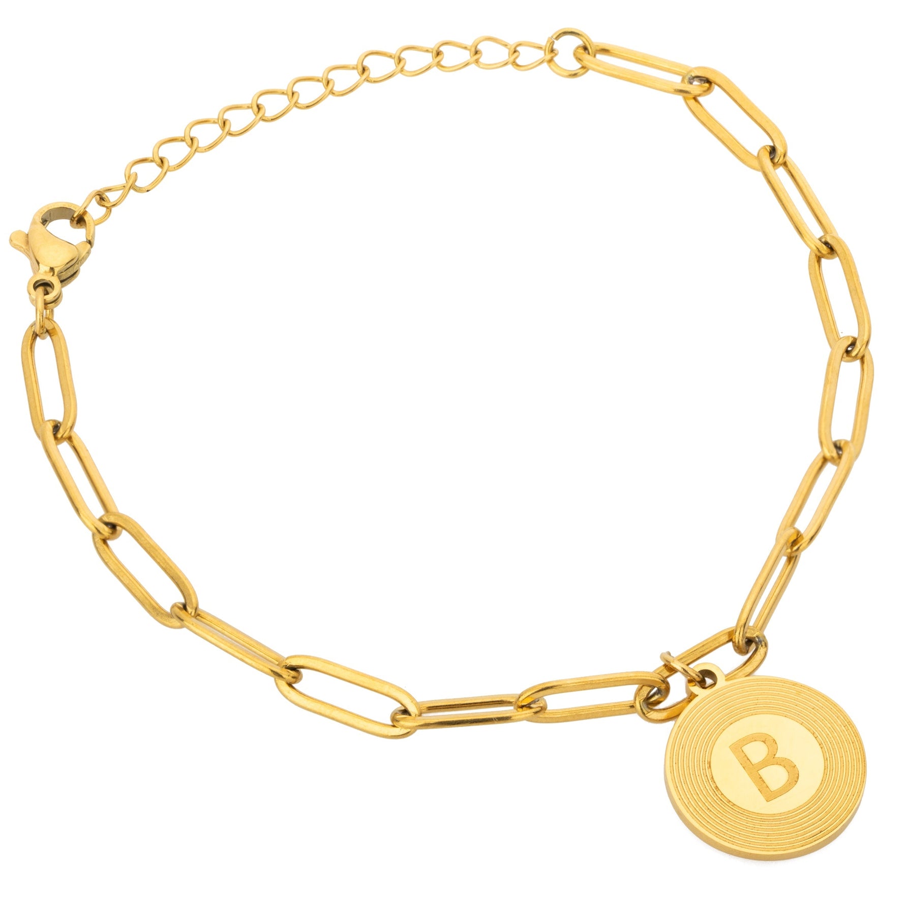 A gold-colored bracelet with a circular charm featuring an initial 'B' in the center, displayed on a white background.