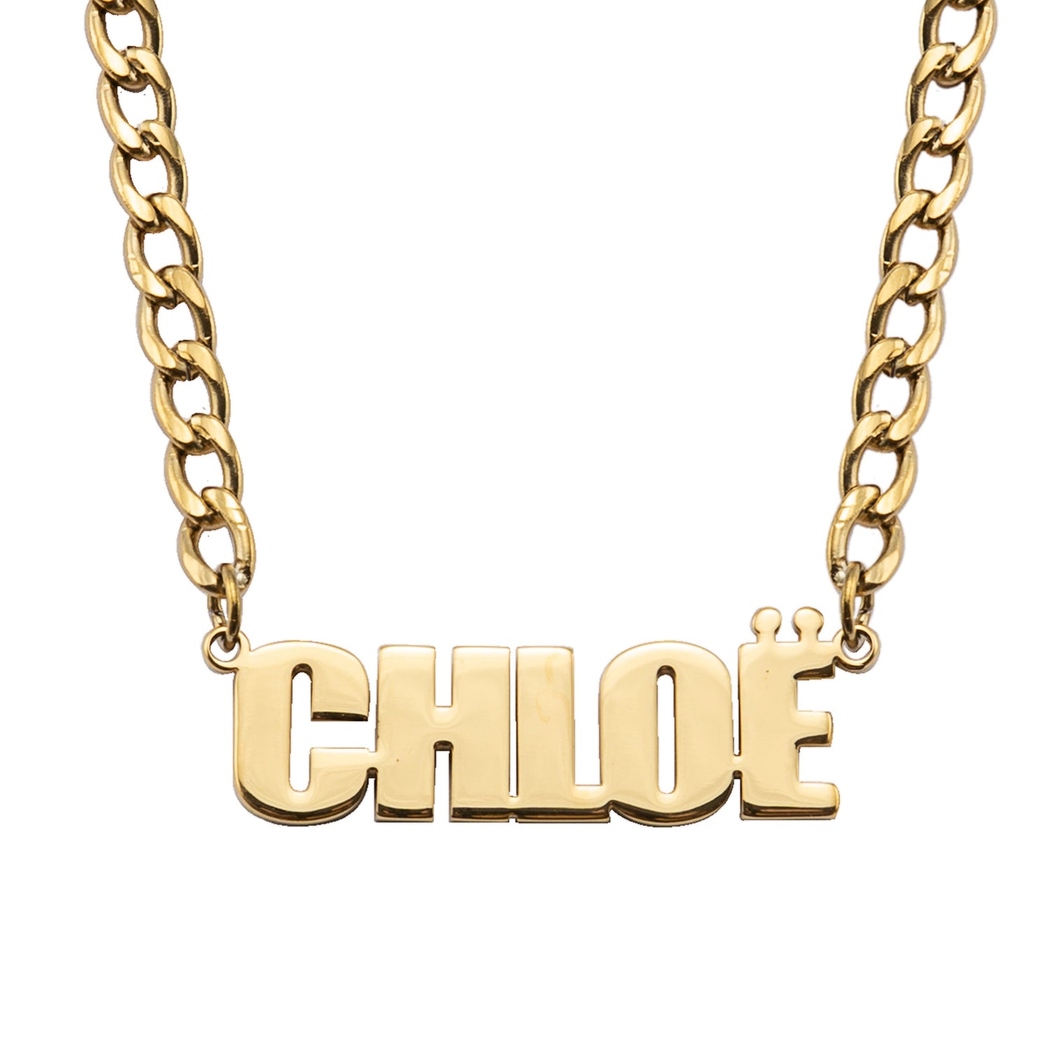 A gold-plated personalized necklace with the name 'CHLOE' written in bold letters, attached to a thick chunky chain.