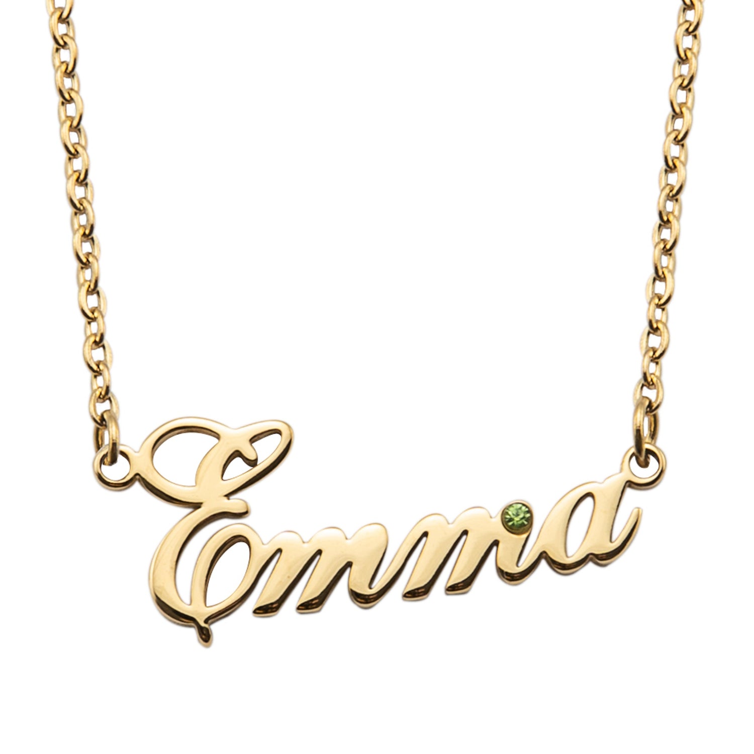 A gold-plated personalized necklace with the name 'Emma' engraved on it, featuring a birthstone.
