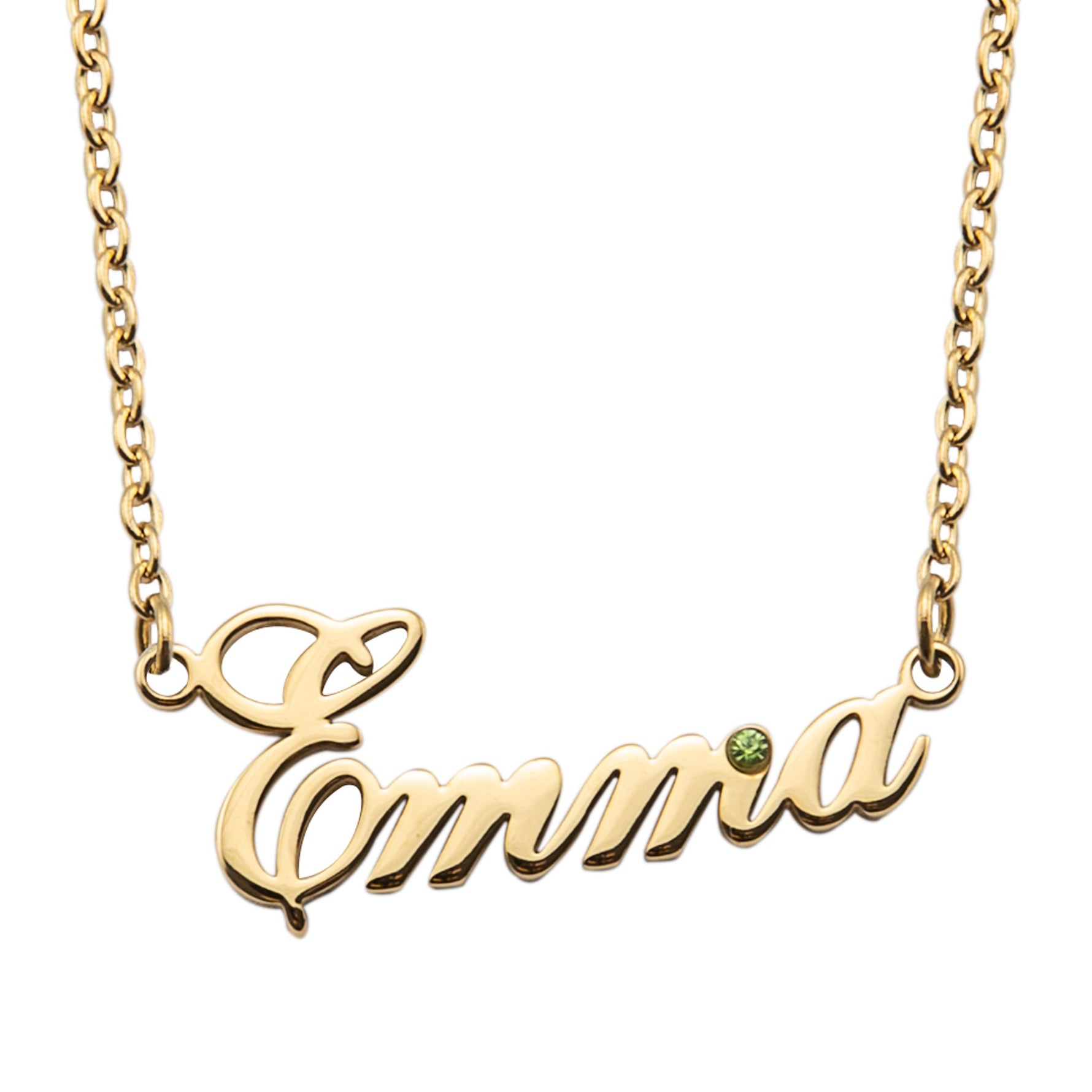A gold-plated personalized necklace with the name 'Emma' engraved on it, featuring a birthstone.