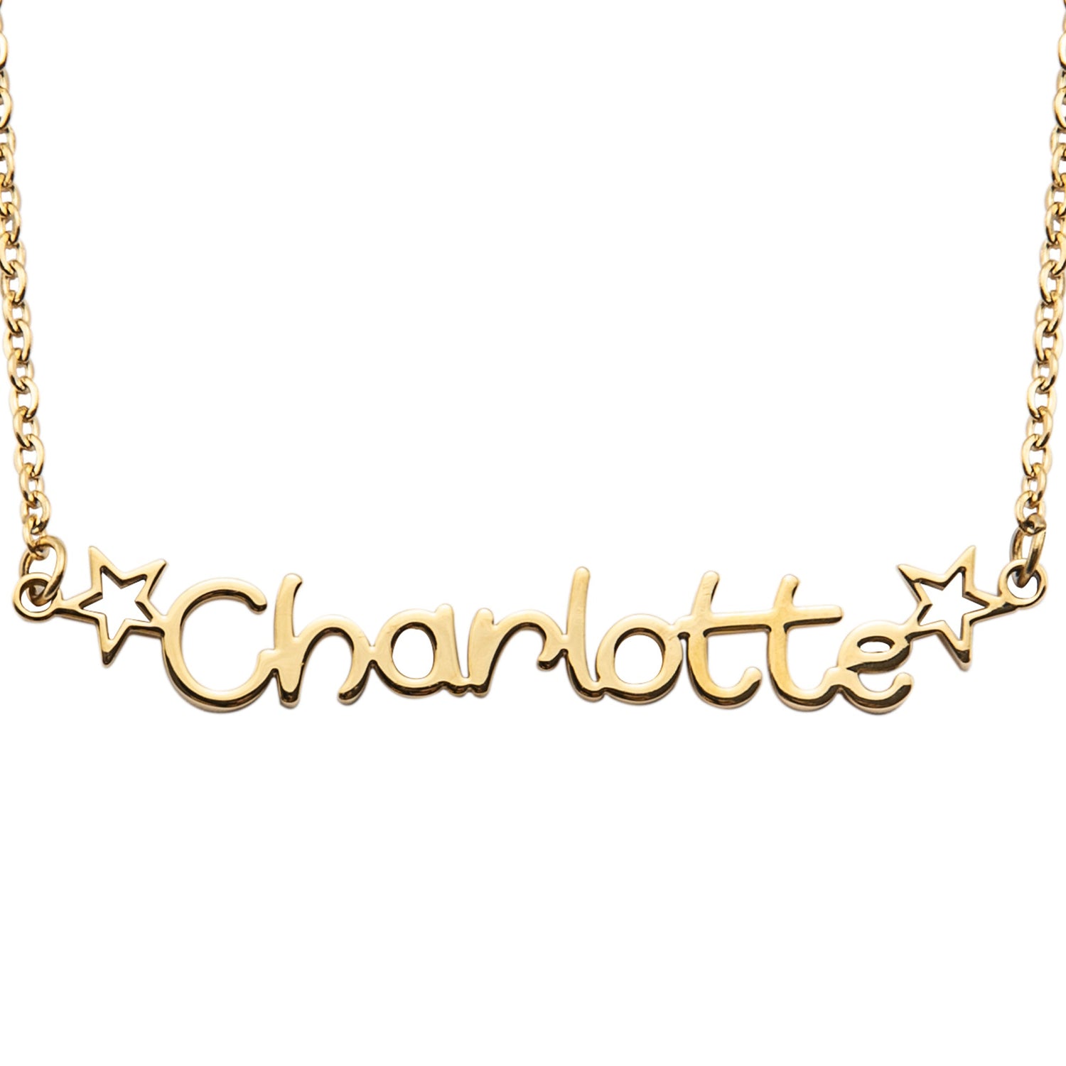 A gold-plated custom name necklace with the name 'Charlotte' written in elegant cursive font, accompanied by small star accents at the ends.