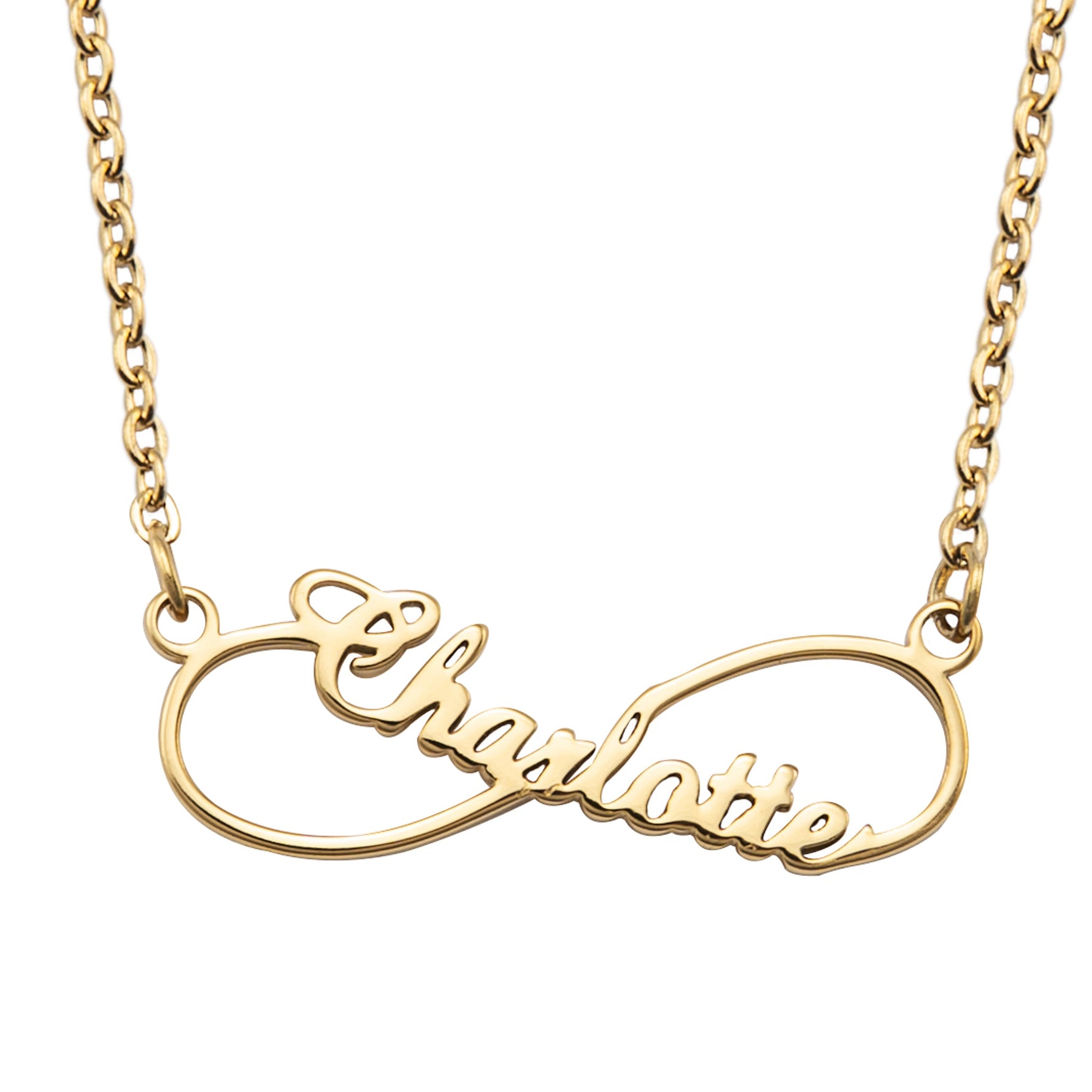A gold-plated custom name necklace in an infinity shape, displayed on a white background.