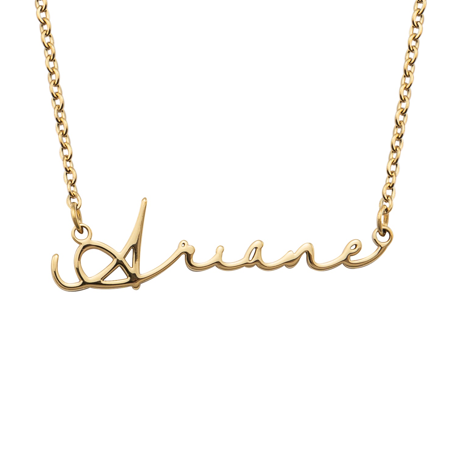 A gold-plated necklace with a custom name in flowing signature script.